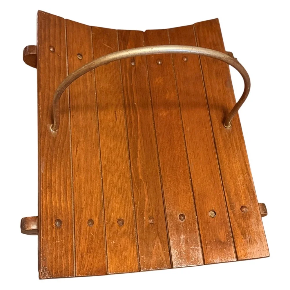 Vintage Curved Wood Magazine Rack Brass Handle Mid Century Modern
